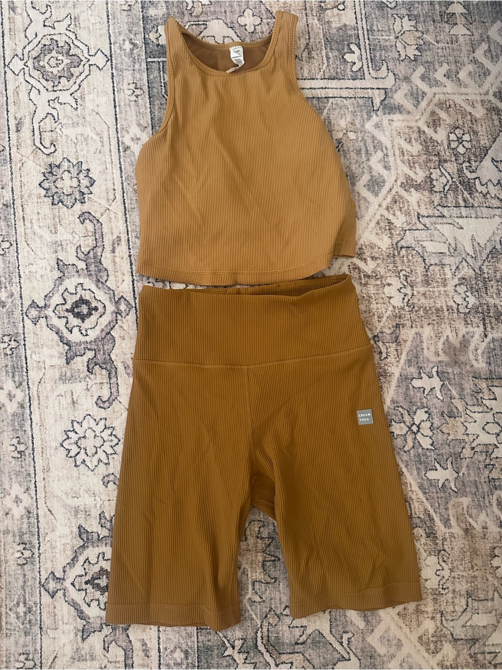 Ribbed Tank Top and High-Waist Bike Shorts Set - Mustard